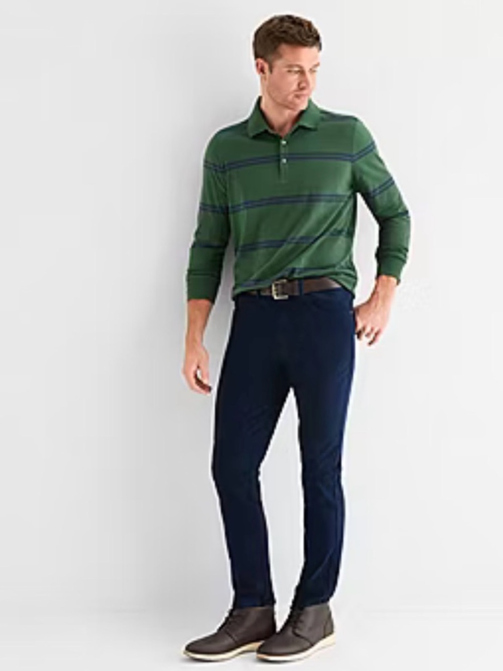 St. John's Bay Green Long-Sleeve Polo with Navy Stripes